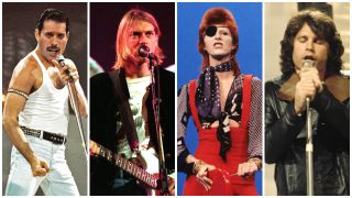 A montage of Freddie Mercury, Kurt Cobain, David Bowie and Jim Morrison