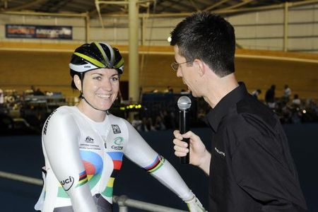 Anna Meares talks to Matthew Keenan after winning the Degani Revolution sprint.