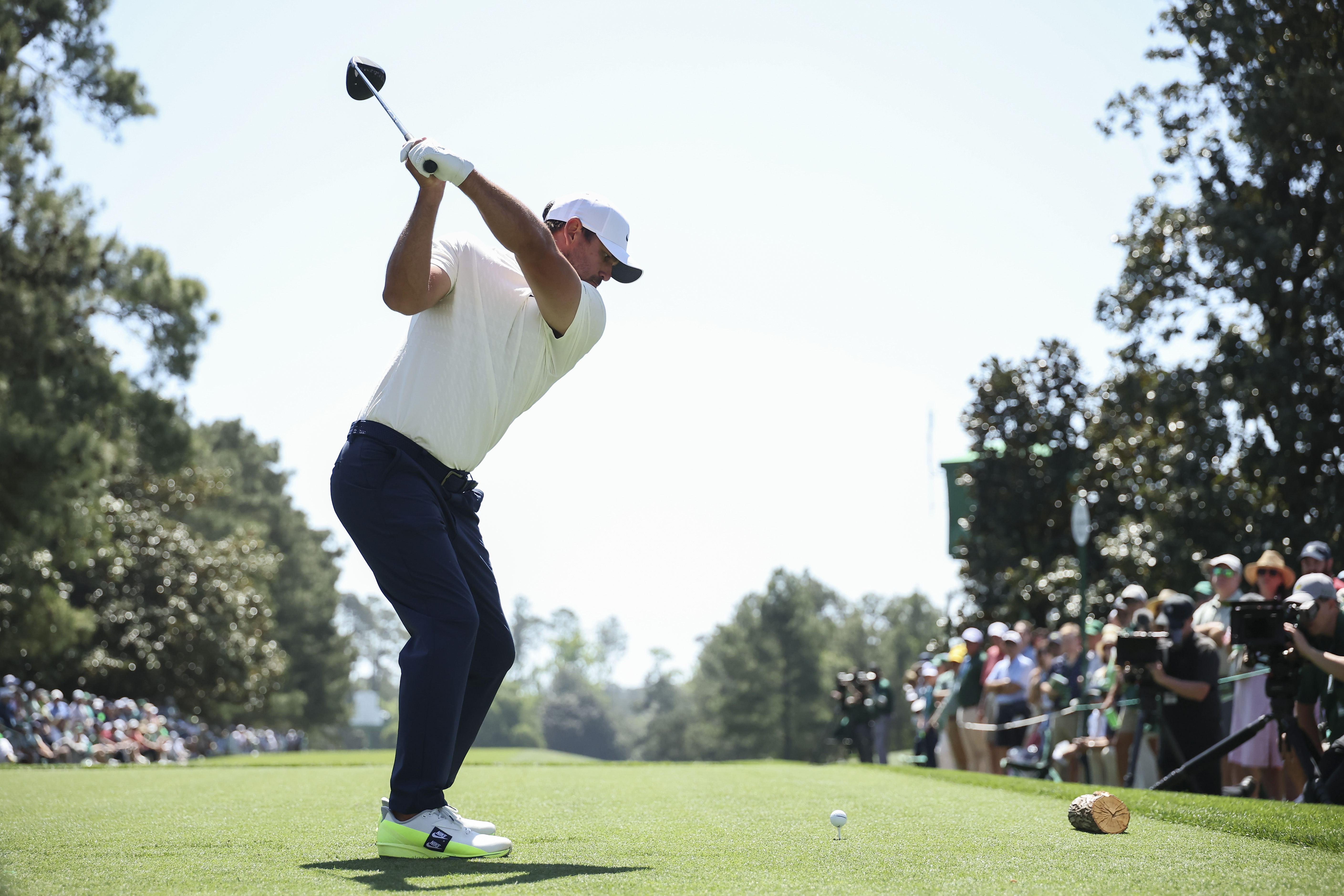 Brooks Koepka plays his shot from the ninth tee during the second round of the 2026 Masters Tournament at Augusta National Golf Club