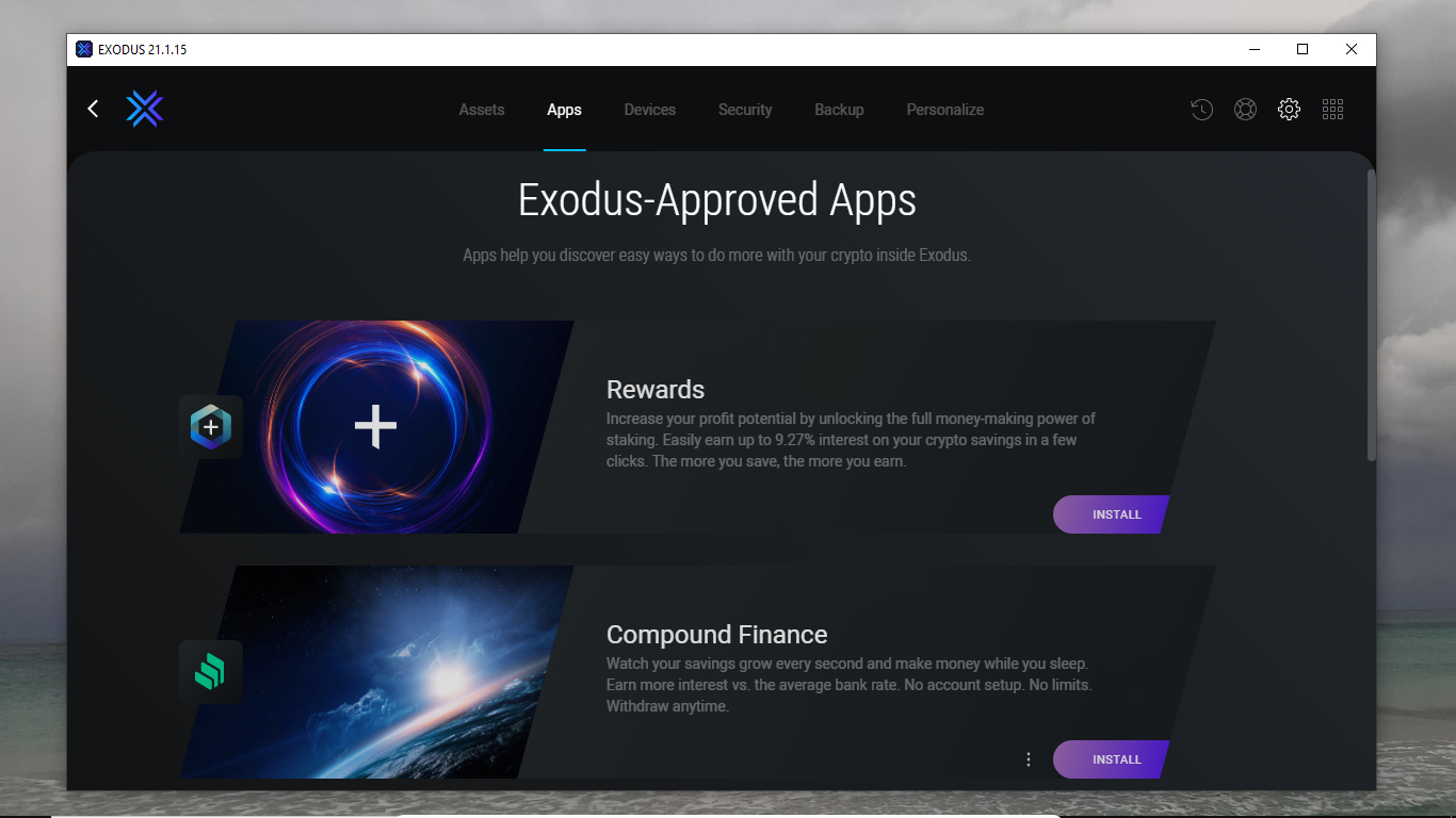 screenshot of Exodus cryptocurrency wallet