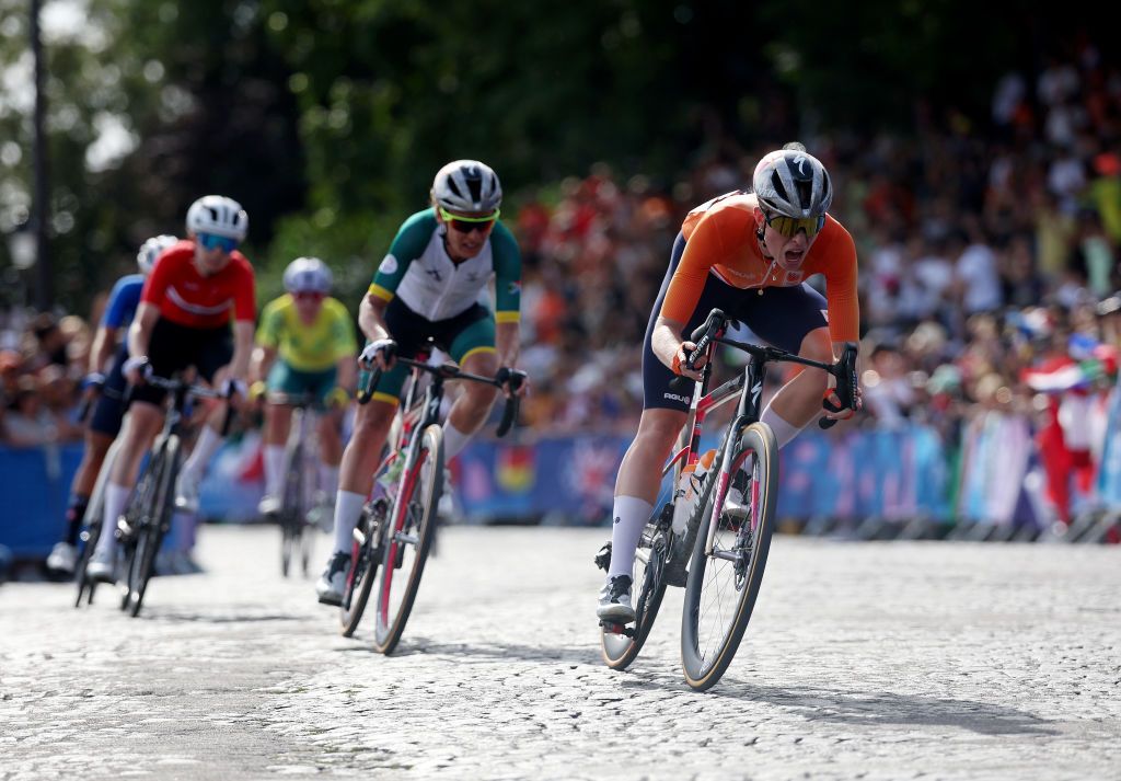 PARIS FRANCE AUGUST 04 Demi Vollering of Team Netherlands competes during the Womens Road Race on day nine of the Olympic Games Paris 2024 at Trocadero on August 04 2024 in Paris France Photo by Jared C TiltonGetty Images