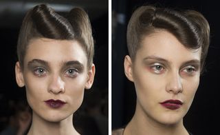 With a vertical stripe of platinum pigment running down the centre of the eye, and smudged lipstick under the lash line, Tom Pecheux created a look that was as dangerously alluring as the mystical wolves printed on Marras' designs