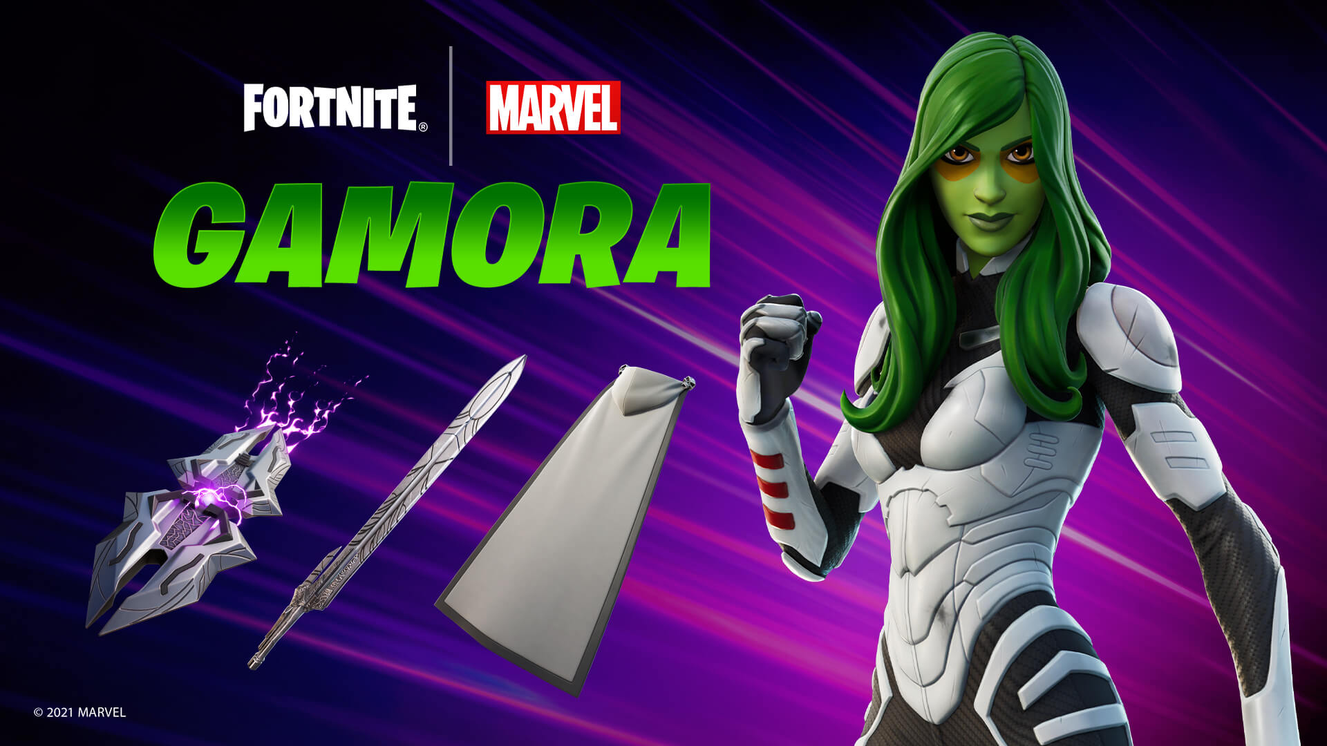 Gamora on a purple background next to images of her cloak, sword and green text that says 