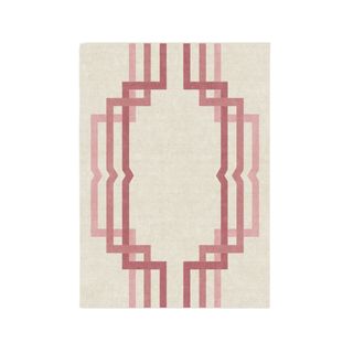 A geometric rug with a pink pattern