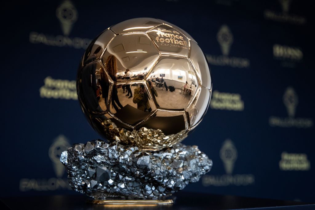 The Ballon d&#039;Or trophy is displayed during a press conference to present the new Ballon d&#039;Or trophy, on the outskirts of Paris, on September 19, 2019. (Photo by Thomas SAMSON / AFP) (Photo credit should read THOMAS SAMSON/AFP via Getty Images)