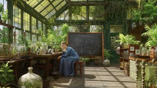 Cinema 4D, everything you need to know; a botanist sits on a stool in a greenhouse
