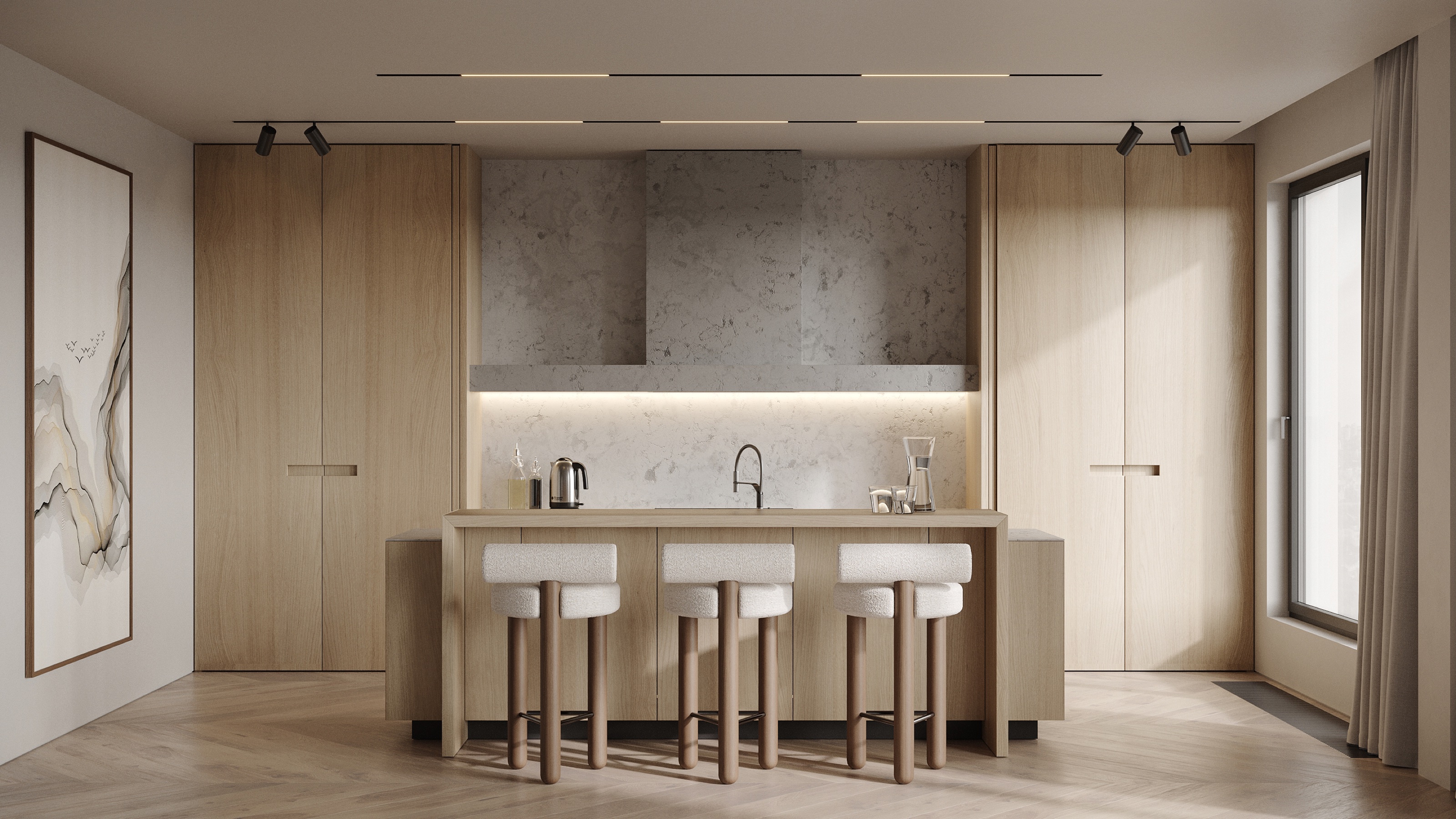 Japandi style kitchen with wall wash lighting 