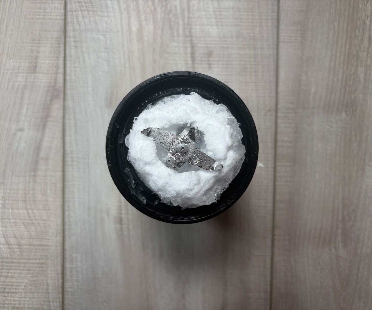 Ice compacted around the blades of a small blender
