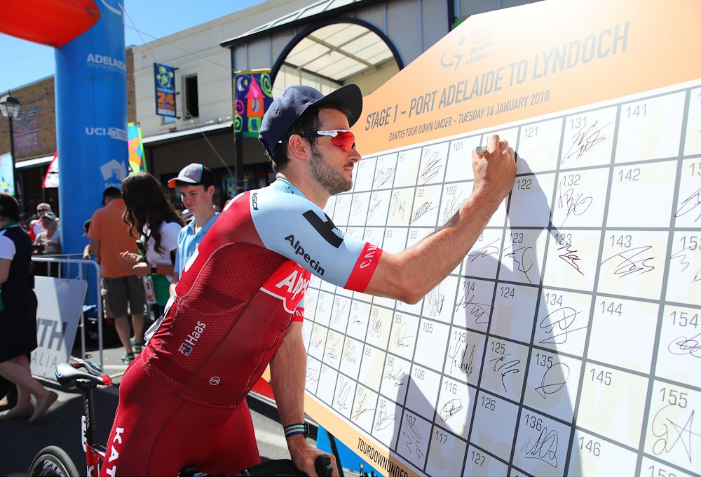 Nathan Haas signs in for stage 1 at the Tour Down Under