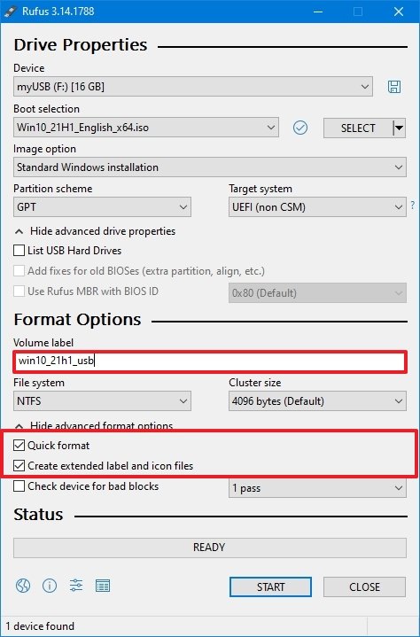 Rufus format settings