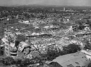 View of the damage in Tangshan, China after the magnitude 7.8 earthquake in 1976.