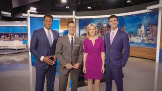 Sports anchor Steve Burton, anchors David Wade and Lisa Hughes and meteorologist Eric Fisher on the set for WBZ.