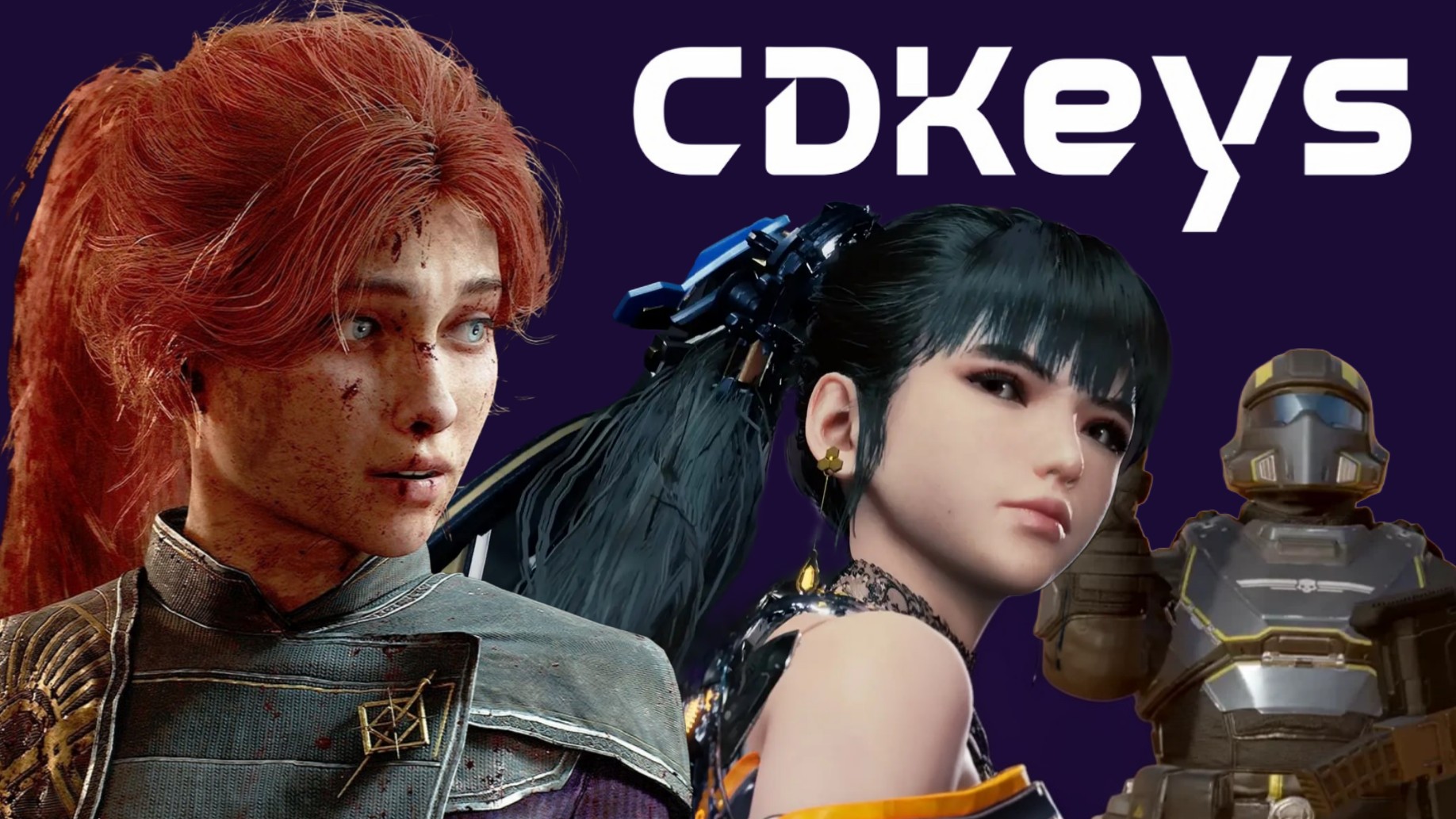 CDKeys logo with game characters from Stellar Blade, Expedition 33 and Helldivers 2