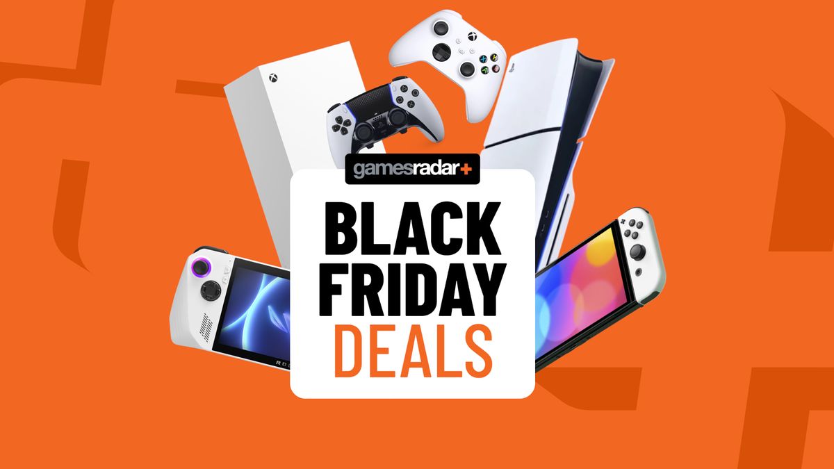 Black Friday deals badge with PS5, Xbox, and Nintendo Switch consoles and peripherals on an orange background