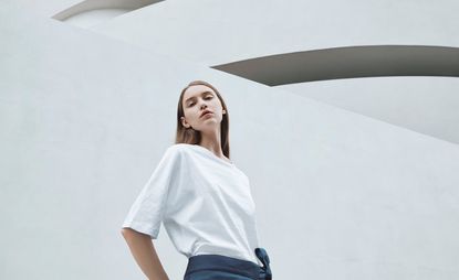 Model in capsule collection inspired by Agnes Martin’s iconic geometrical compositions