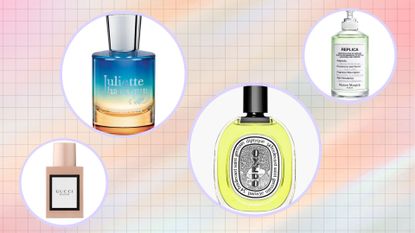 Best vacation perfumes: scents from Gucci/Diptyque/ Juliette Has A Gun and Maison Margiela/ in a pink, orange and blue gradient template
