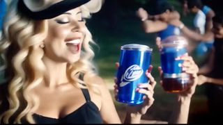 AI beer ad; a woman holds a can of beer