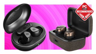 The SteelSeries Arctis GameBuds and the Sennheiser Momentum True Wireless 4 earbuds on a pink deals background