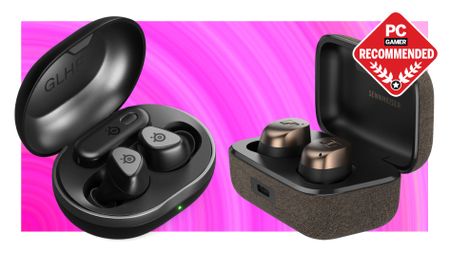 The SteelSeries Arctis GameBuds and the Sennheiser Momentum True Wireless 4 earbuds on a pink deals background