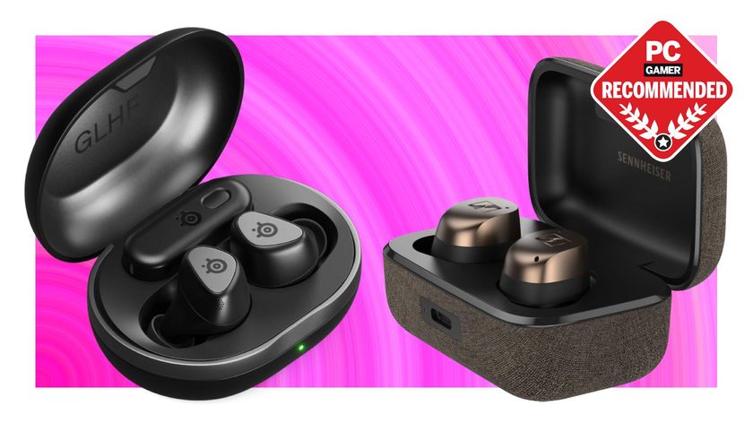 The SteelSeries Arctis GameBuds and the Sennheiser Momentum True Wireless 4 earbuds on a pink deals background