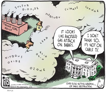 Political Cartoon U.S. White House Trump coal policy Syria chemical attack children