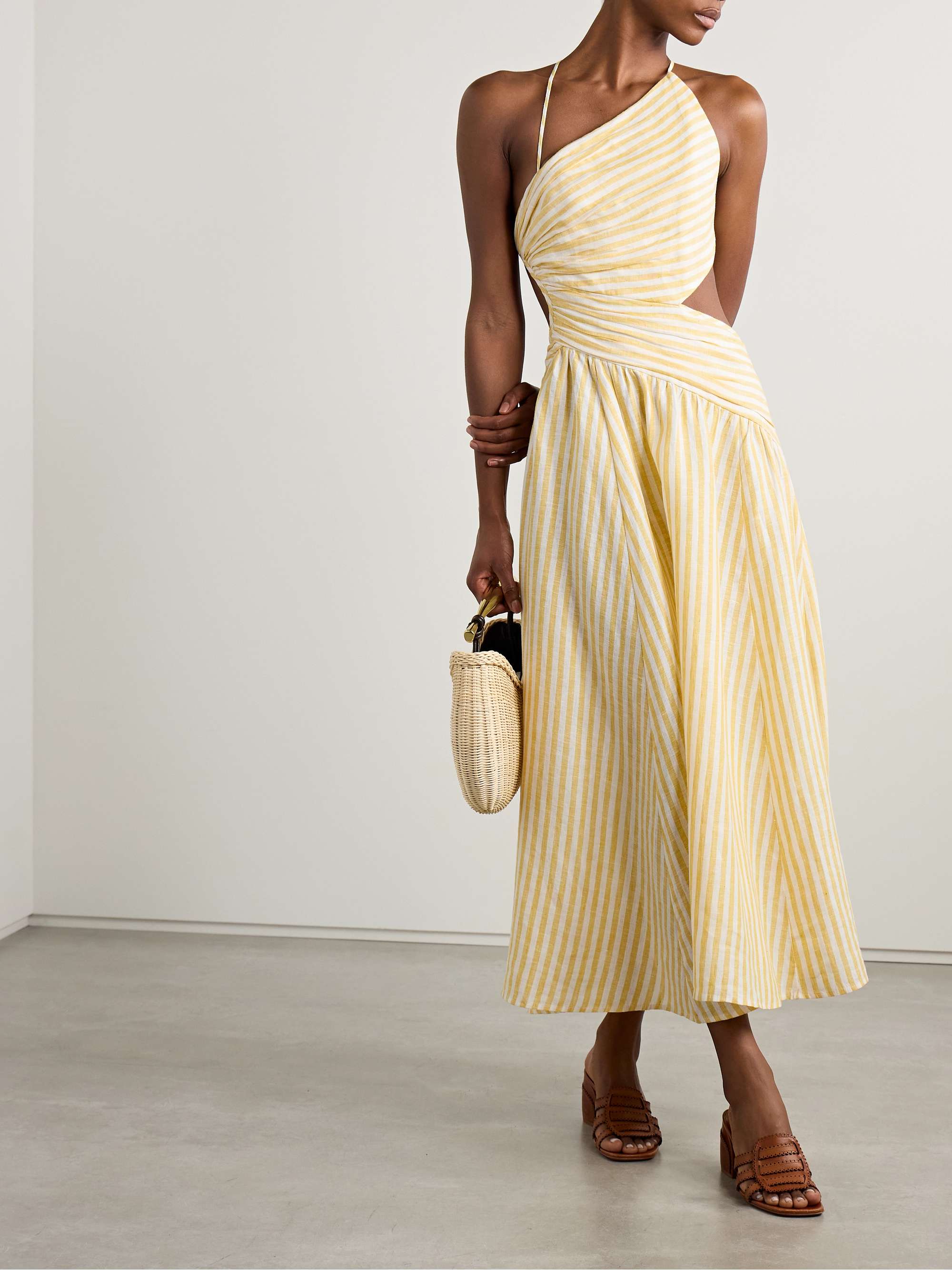 Cascadian Cutout Ruched Striped Linen Midi Dress