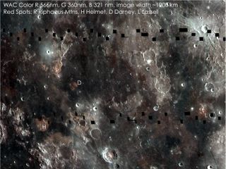 This composite image of the lunar surface highlights regions with varying mare compositions and enigmatic small volcanic structures known as “domes.”