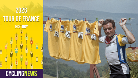 Bernard Hinault poses with four yellow jerseys