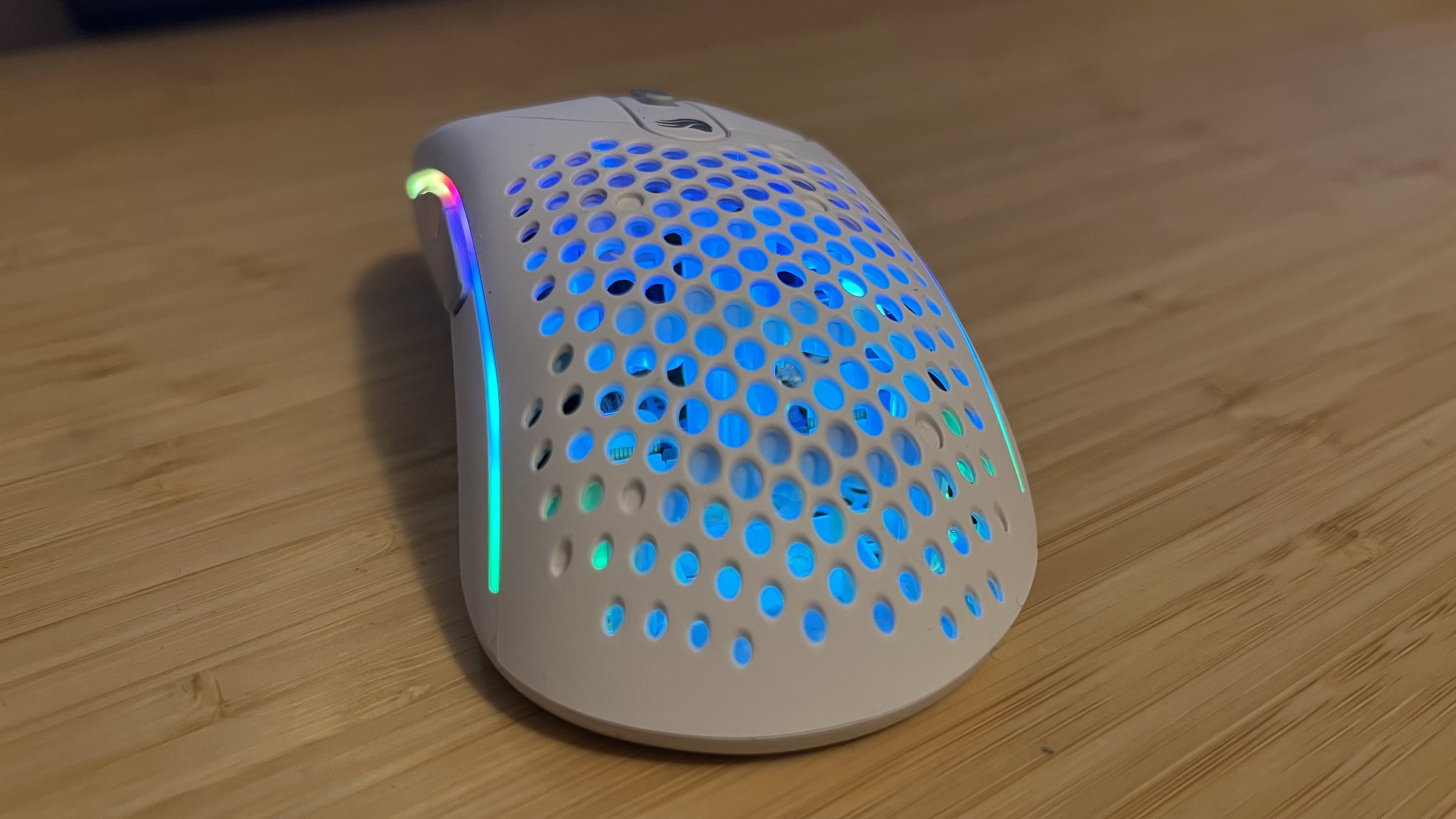 Glorious Model D 2 gaming mouse with RGB enabled.