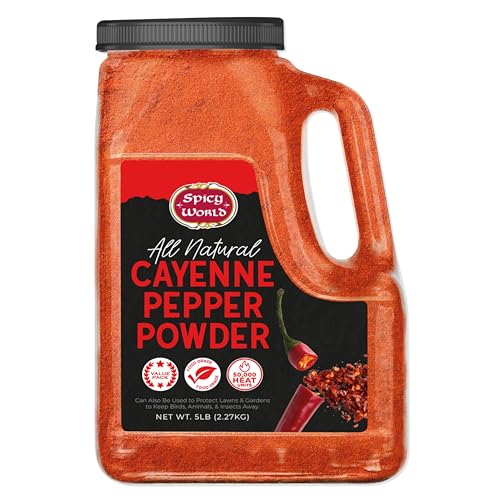 Spicy World Hot Cayenne Pepper Powder Bulk 5 Lbs Jar - Red Ground Pepper 50,000 Shu Heat Unit - Gluten Free All Natural Red Pepper- Freshly Packed in Usa, for Commercial &amp;amp; Home Use