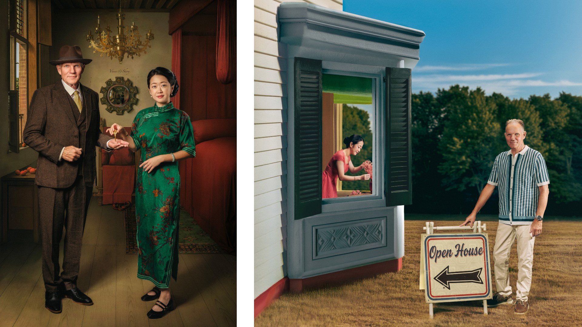 A split image showing a man in a brown suit and a woman in a green dress holding a key in a dark, antique bedroom on the left, and the same man standing next to an 