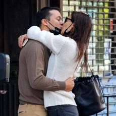 new york city, ny september 18 emilio vitolo jr and katie holmes are seen outside emilio vitolo jrs familys restaurant emilios ballato on september 18, 2020 in new york city photo by lrnycmegagc images