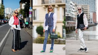 Street style showing us how to style a sweater vest with a white shirt