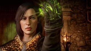Dragon Age: Inquisition screenshot showing a human inquisitor with black shoulder length hair looking at the mark on their hand that glows green