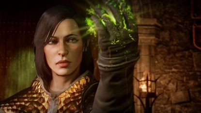 Dragon Age: Inquisition screenshot showing a human inquisitor with black shoulder length hair looking at the mark on their hand that glows green