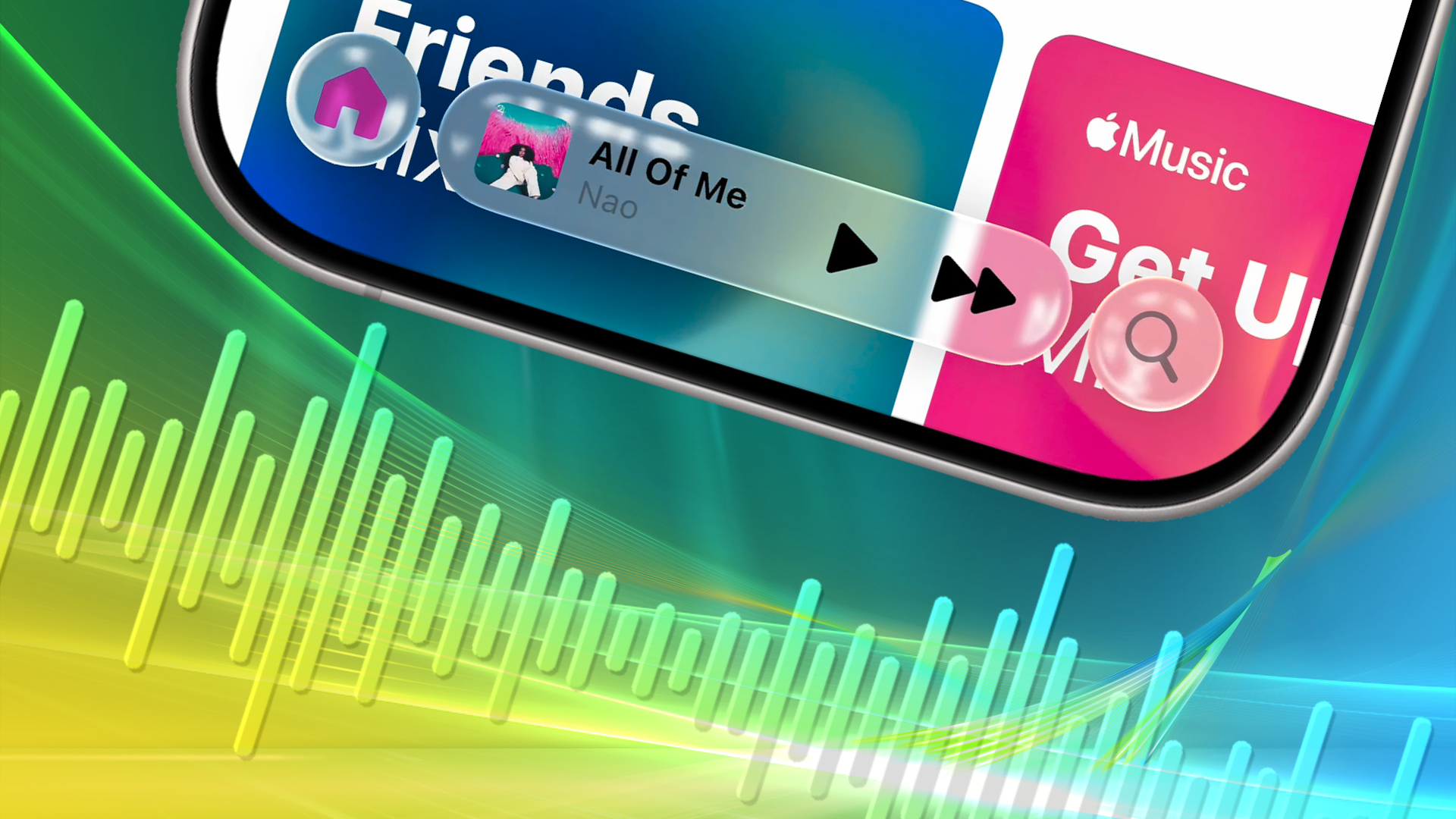 Graphic illustration of an iPhone showing iOS 26's new Liquid Glass UI design over a Windows Vista wallpaper and an audio spectrogram.