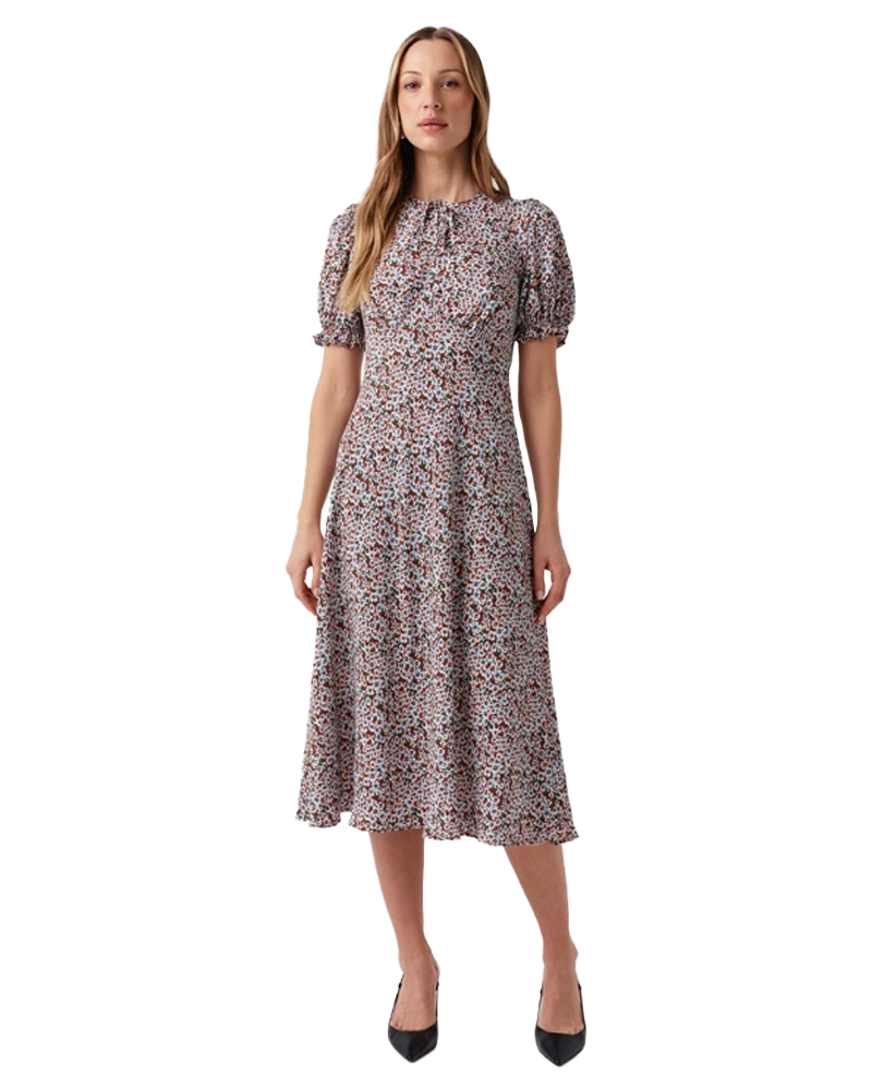 model wearing a floral print tea dress, Ghost