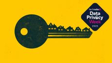 A key, with houses for teeth, on a yellow background.