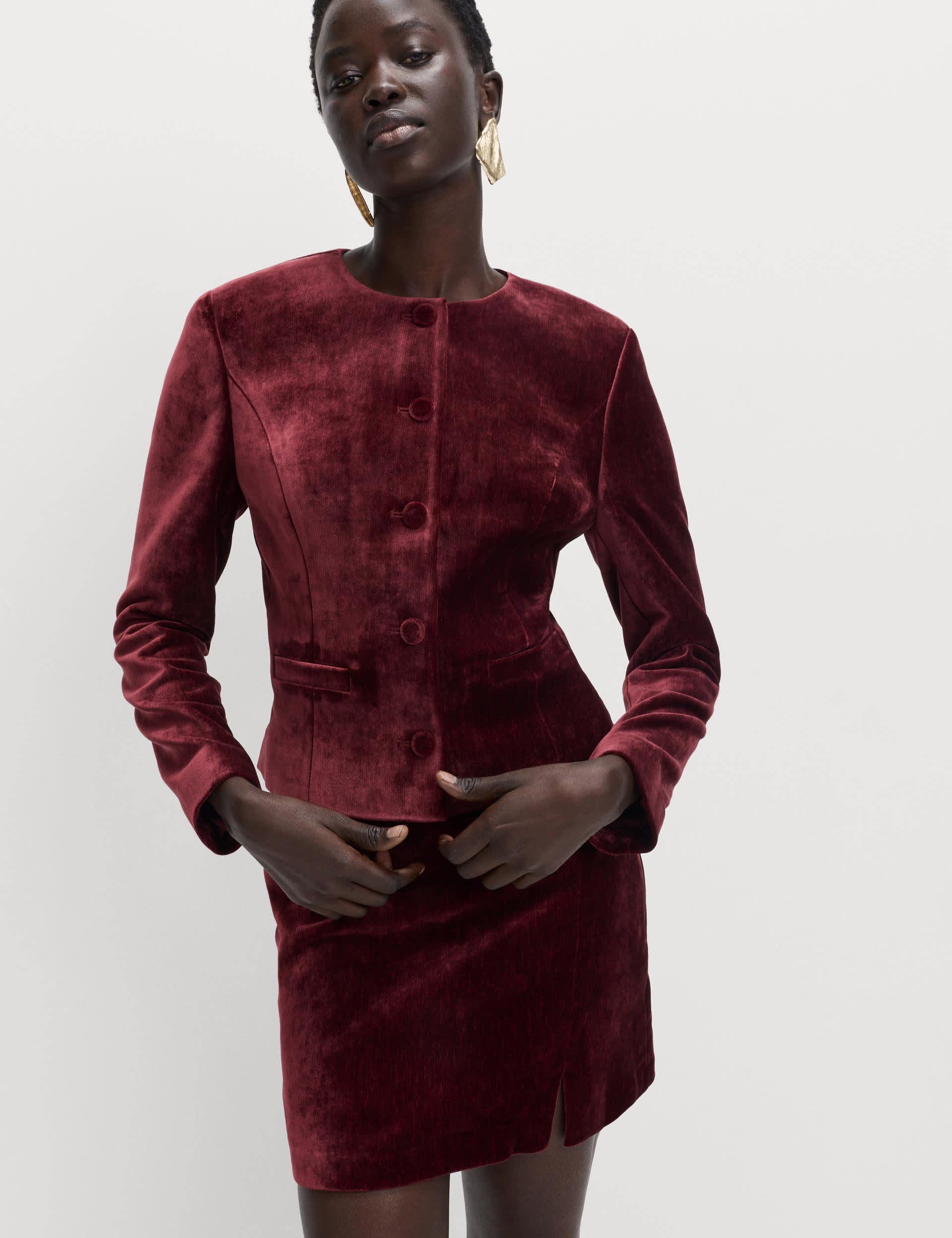 Velvet Mottled Colarless Fitted Jacket