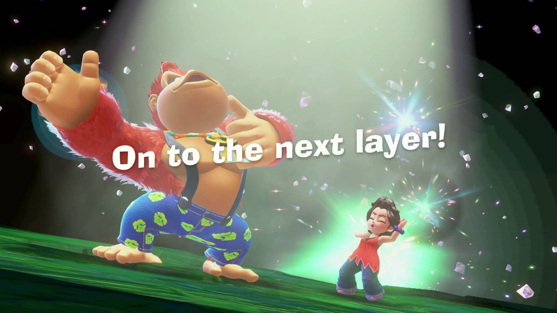 Donkey Kong Bananza sublayers and levels DK and Pauline celebrating that they're moving on to the next layer