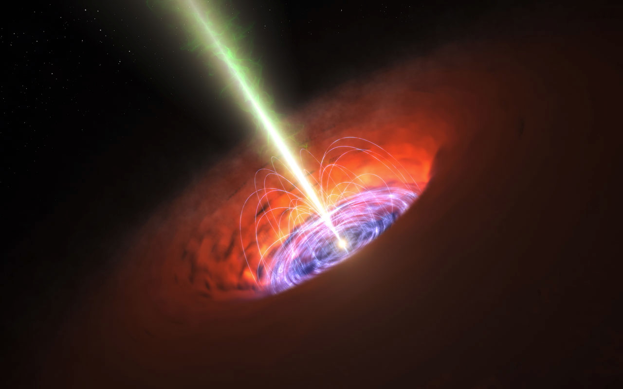 This artist&#039;s concept shows a black hole&#039;s surroundings, including its accretion disk, jet and magnetic field.