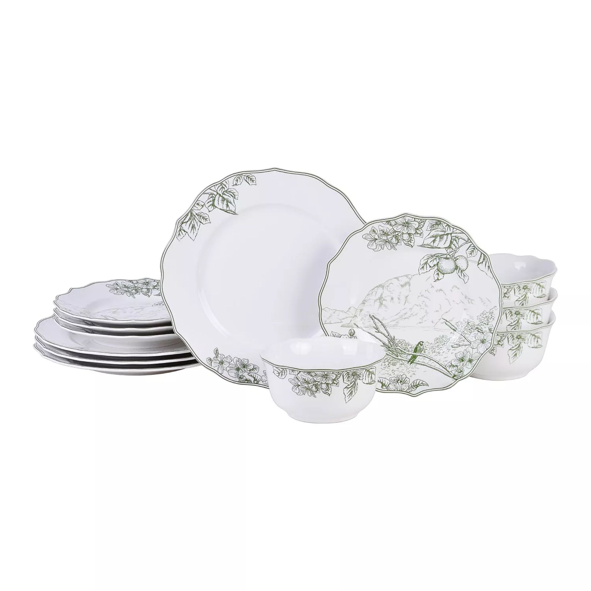 White dinnerware set with green floral pattern