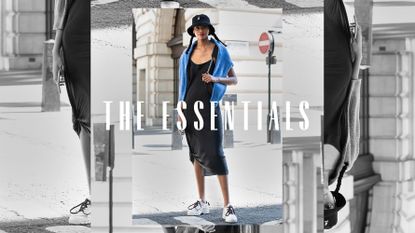 woman wearing a slip dress and a hoodie and sneakers with white text The Essentials overlayed