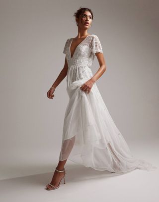 Asos Design Frankie Beaded Mesh Plunge Cap Sleeve Wedding Dress in