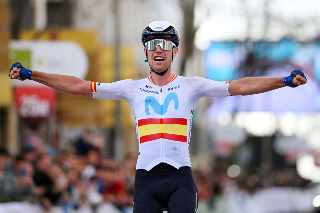 UBEDA SPAIN FEBRUARY 12 Oier Lazkano Lopez of Spain and Movistar Team celebrates at finish line as race winner during the 3rd Clasica Jaen Paraiso Interior 2024 a 1583km one day race from Baeza to Ubeda on February 12 2024 in Ubeda Spain Photo by Tim de WaeleGetty Images