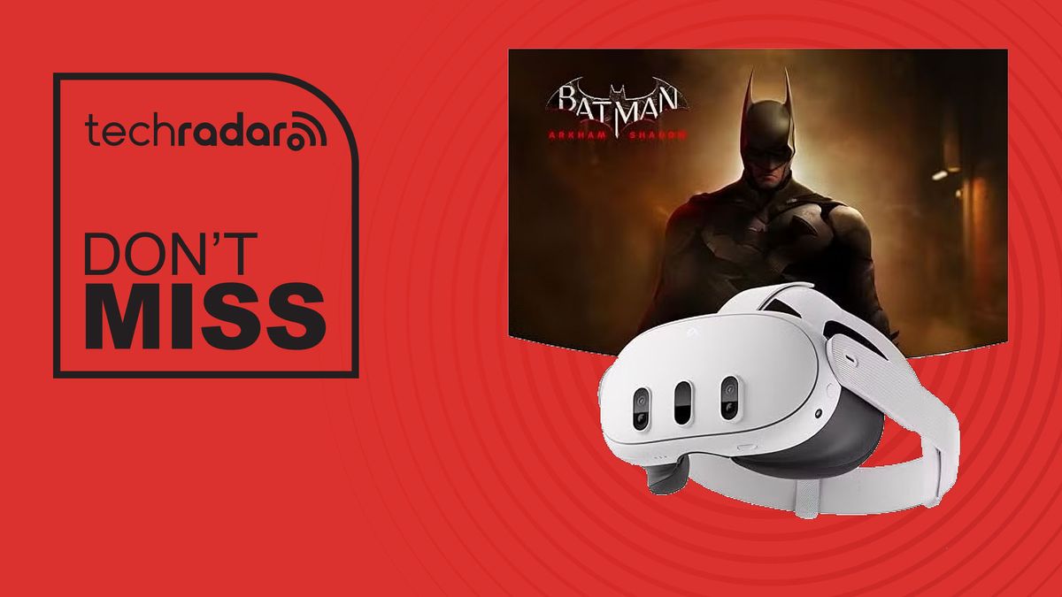 Meta Quest 3 in white with Batman: Arkham Shadow bundle on red background with don&#039;t miss text