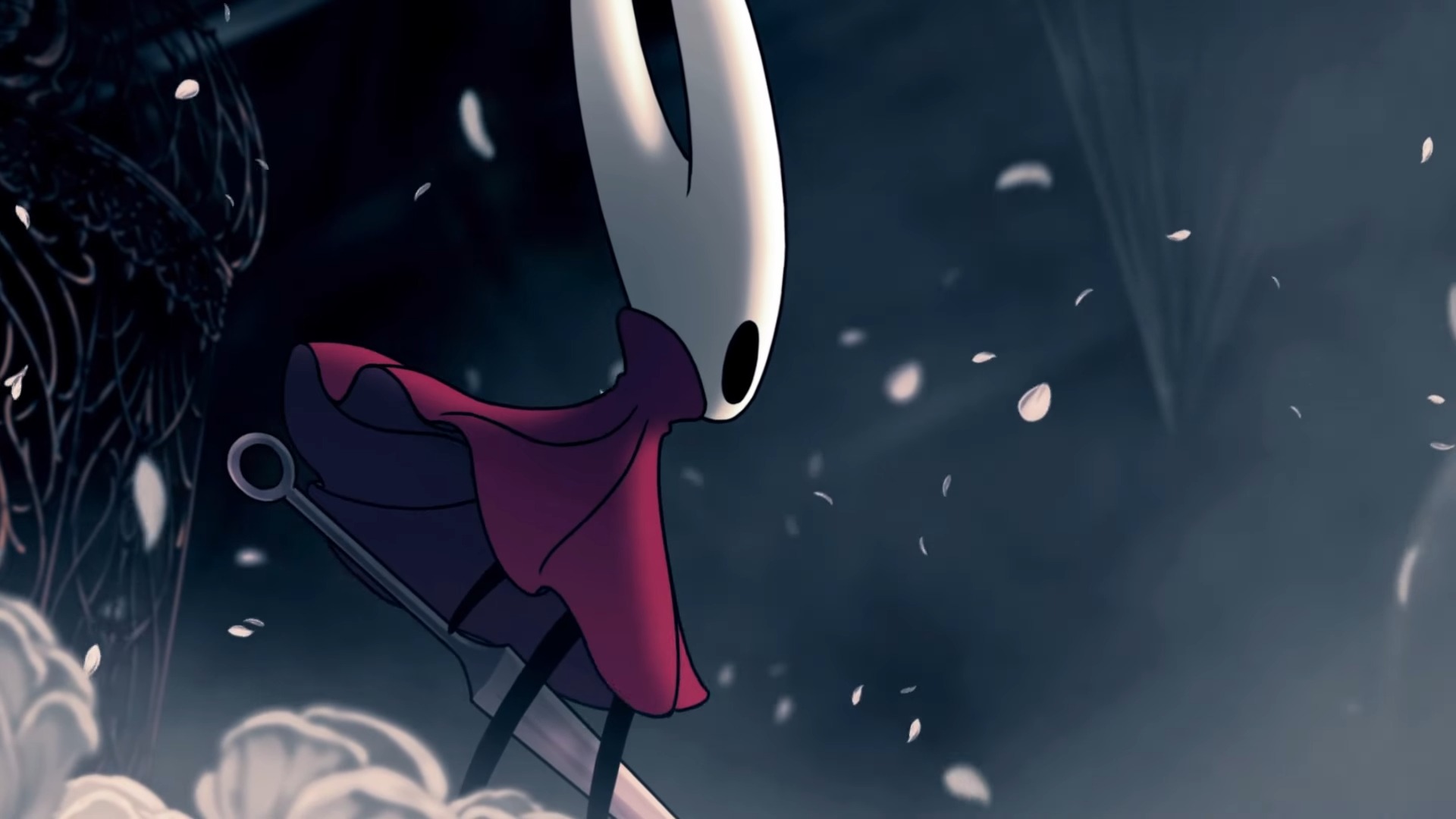 Hollow Knight Silksong cutscene screenshot of Hornet in a field of white flowers