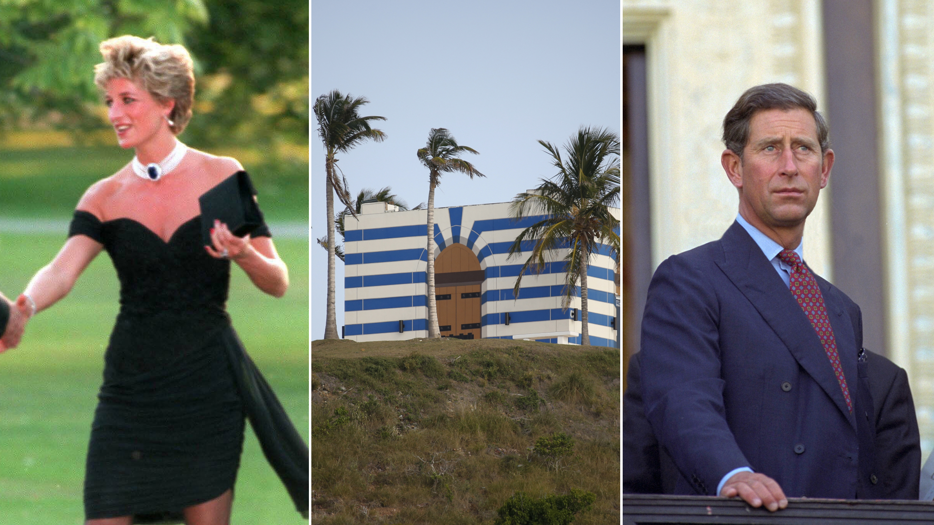 Princess Diana wearing a black mini dress, known as the revenge dress, King Charles looking pensive, and Jeffrey Epstein's island
