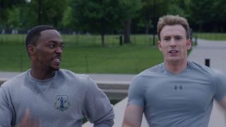 Steve Rogers running past Sam Wilson in Washington DC in Captain America: The Winter Soldier