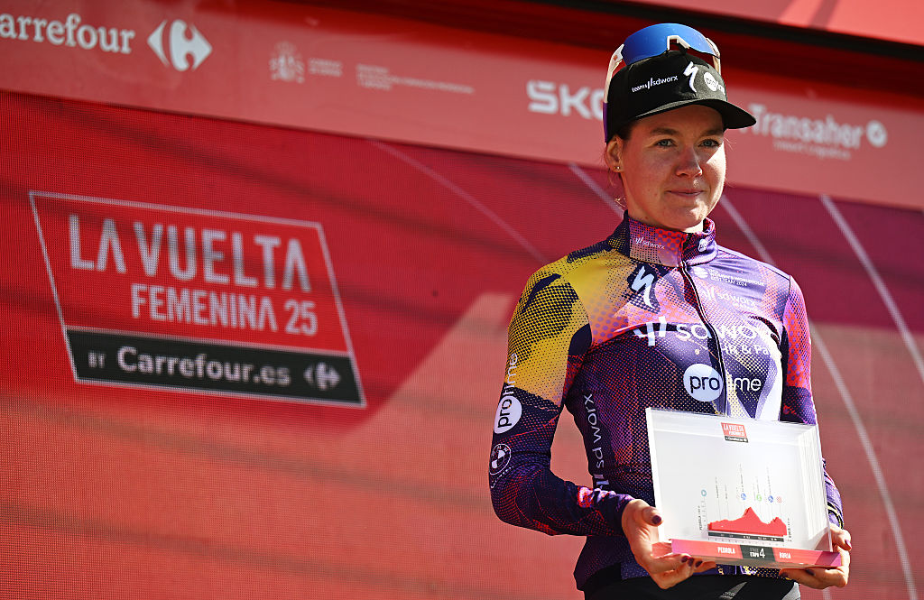 BORJA SPAIN MAY 07 Anna van der Breggen of Netherlands and Team SD Worx Protime celebrates at podium as stage winner during the 11th La Vuelta Femenina 2025 Stage 4 a 1116km stage from Pedrola to Borja UCIWWT on May 07 2025 in Borja Spain Photo by Szymon GruchalskiGetty Images